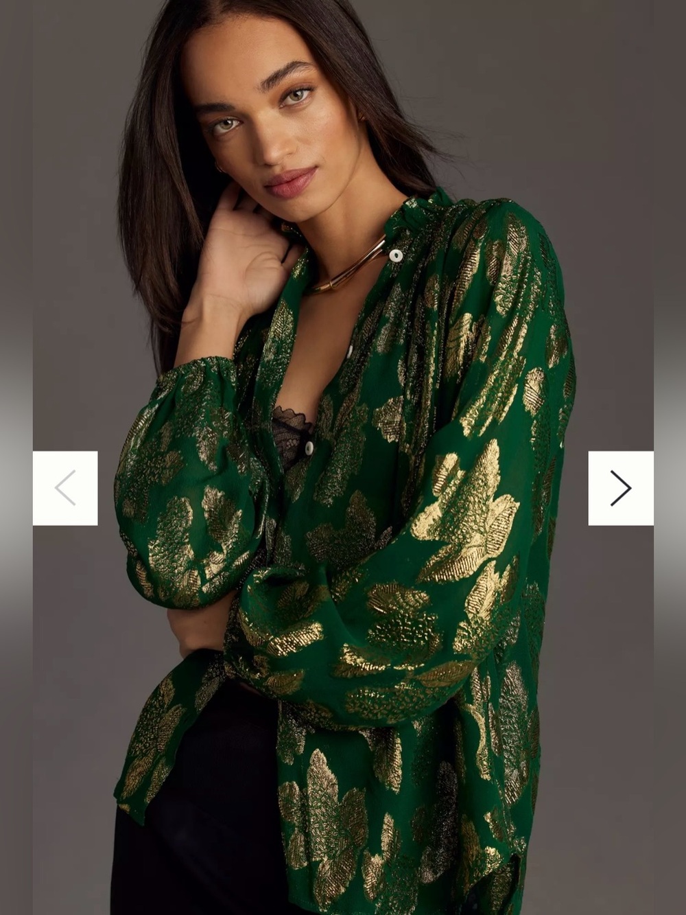 Mille Francesca Silk Chiffon Button Up Blouse Women's Large Green Gold Top